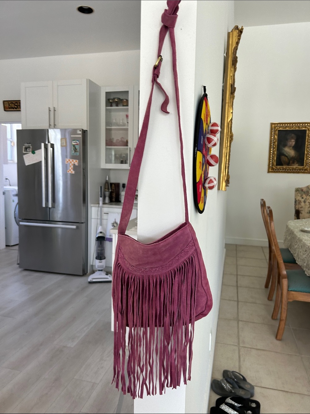 Fringed Suede Crossbody Bag in Dusty Rose